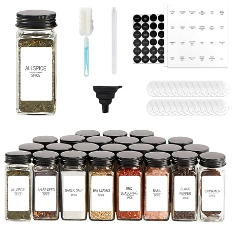 APKOL 24 Pièces Bocaux à Épices Carrés Hermétiques en Verre Avec Couvercle | en aluminium, Bocaux en Verre Pour Cuisine Rangement Étagère à éÉpices,avec Tamis, Étiquettes, Entonnoir, stylo