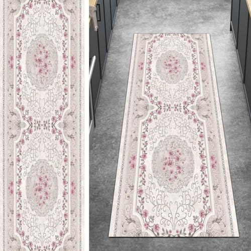 Ymural Vintage Teppich Läufer Flur rutschfest, Rosa 90x330CM Küche Teppichläufer Kücheteppich Lang Waschbar Meterware Kurzflor Polyester Korridor Schlafzimmer Wohnzimmer