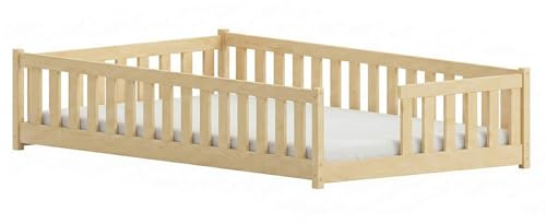LANO meble Montessori Bett 120x200 Kiefer Kinderbett Kiefer Bodenbett Naturholz mit Sicherheitsbarriere Rausfallschutz für Jungen & Mädchen