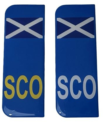 2 x Domed Scotland Flag SCO Vehicle Number Plate Stickers - High Gloss Gel 108mmx39mm