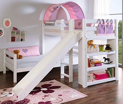 Froschkönig24 Etagenbett mit Rutsche Beni L Kinderbett Spielbett Bett Weiß Stoff Lila/Rosa