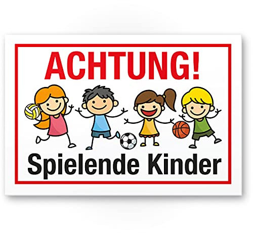 Komma Security Achtung Spielende Kinder Schild 30 x 20 cm Hinweisschild Warnzeichen Warnschild langsam fahren Warnung Hinweis Spielstraße Spielplatz - Vorsicht spielende Kinder