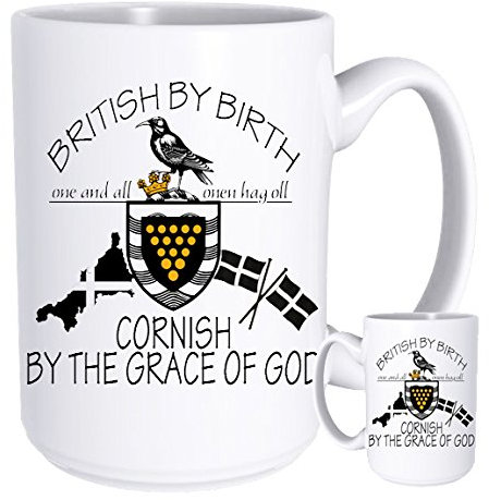 KAZMUGZ BIG 15oz MUG British by birth - CORNISH by The grace of God, ceramic PATRIOTIC English tea/coffee mug Cornwall Gift. Matching Cornwall Coaster and Keyring Available