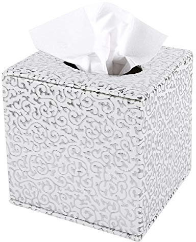 Discoball Taschentuchbox-Abdeckung, PU-Leder, würfelförmiger Taschentuchhalter, quadratisch, Papierhalter, Serviettenspender für Zuhause, Büro und Auto (Silberschnitzerei)