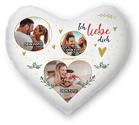 PR Print Royal Herzkissen selbst gestalten - Collage mit 3 Fotos Bedrucken - Ich Liebe Dich - Geschenk Valentinstag Geburtstag Weihnachten - Herz Fotokissen inkl. Füllung, 40x44 cm