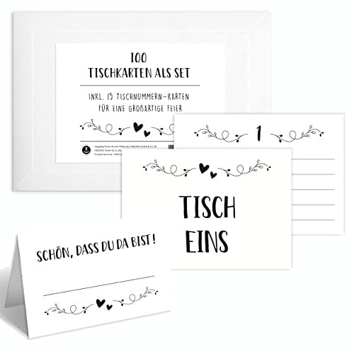 Hyggelig Home 100 Tischkarten Hochzeit Platzkarten Geburtstag - Schön dass du da bist Namensschilder zum selbst beschriften DIN A7 - inklusive 15 Tischnummer Karten - Weiß