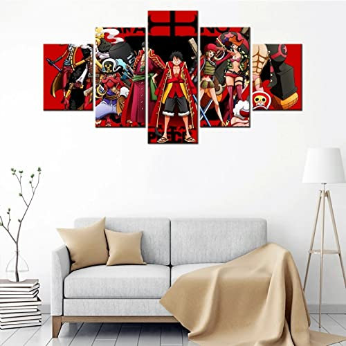 Kunstdrucke Modular Wandkunst Modern Wanddekoration Wandbilder Wohnzimmer Leinwandbild 5 Teiliges Poster Set XXL Bilder Kreatives Geschenk Mit Rahmen 150 * 80cm Anime One Piece Monkey-D-Luffy Poster