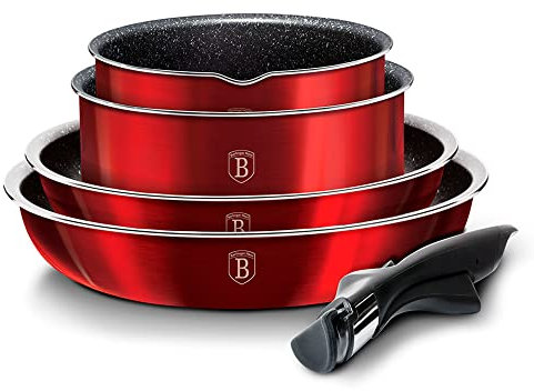Berlinger Haus Burgundy Batterie de Cuisine à Induction 9 Pièces, Poignée Amovible Interchangeable, Antiadhésif, Aluminium, set Casseroles et Poêles, Couvercles en Verre + Étanches, Empilable