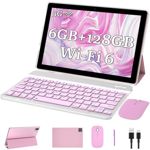 NOVOJOY Tablet 2 in1 con tastiera Android Tablet 10 pollici, include custodia per mouse Stylus 5G-WiFi WiFi-6 128GB ROM+6GB RAM 10 pollici IPS 2MP+8MP doppia fotocamera 6000mAh batteria 10.1 pollici