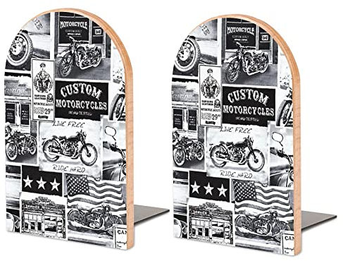 Vintage Motorräder Buchstützen aus Holz, niedliche schwere Buchhalter, dekorative Buchstützen für Regale, Schreibtisch, groß