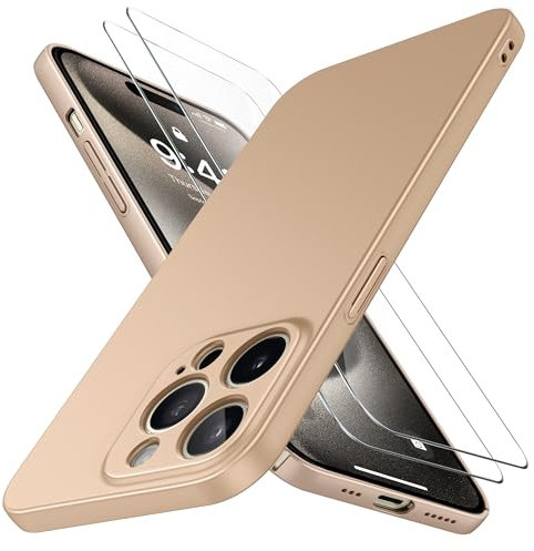 Natiiozie Ultra Dünn Handyhülle Kompatibel mit iPhone 15 Pro Hülle PP Case mit 2 Stück Schutzfolie, Slim Leicht Hartschale mit Voll Kameraschutz Kratzfeste Matt Schutzhülle - Gold