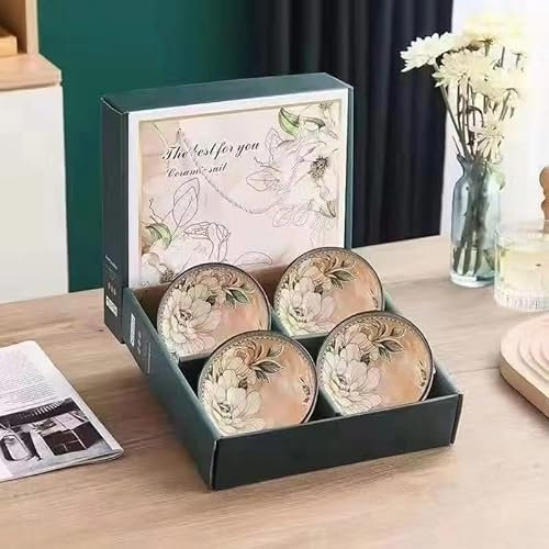 electromax Ceramic Serving Bowls, Chinese Rice Bowl with Gift Box, Japanese Pottery Bowls, Porcelain Serving Bowls for Rice, Soup, Dessert, Snack, 10oz/300ml, (4Pcs Set, Green Flowers)