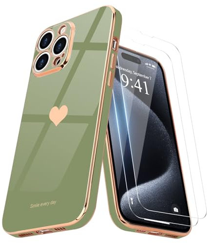 Teageo Kompatibel mit iPhone 15 Pro Hülle + 2 Stück Schutzfolie, Mädchen Herz Hülle Galvanisierte Weich TPU Handyhülle Kameraschutz Kratzfest Phone Case für iPhone 15 Pro, Lichtgrün