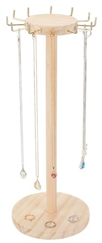 AHANDMAKER Wood Necklace Display Stand, 16.14 Inch Wooden Jewelry Display Organizer Stands with 12 Hooks, Circular Tabletop Holder for Necklace and Bracelet Display and Storage, Burlywood
