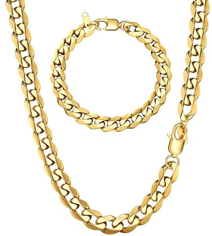 LOLIAS Collana Uomo Oro Catena Uomo Acciaio Inossidabile Cubana Collana con Bracciale Larghezza 5/9mm, Lunghezza 46/51/55CM Hip Hop Punk Collane Uomo Donna