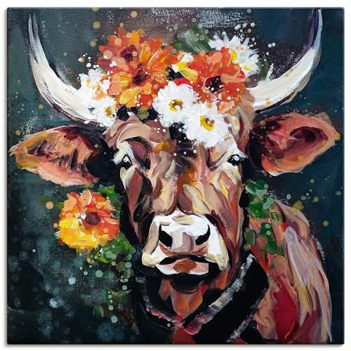 ARTLAND Wanddeko Leinwand Bilder Wandbild 50x50 cm Deko Modern Tiere Stier Kuh Blumen Kranz Farbe Porträt U5BI