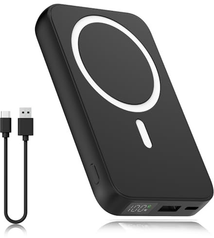 ISIX Magnetische Powerbank 10000mAh Kompatibel mit Magsafe für iPhone 12/13/14/15, Wireless Power Bank Klein aber Stark, PD20W+QC22.5W Schnelles Laden USB-C Externe Handyakkus mit LED-Display, Schwarz