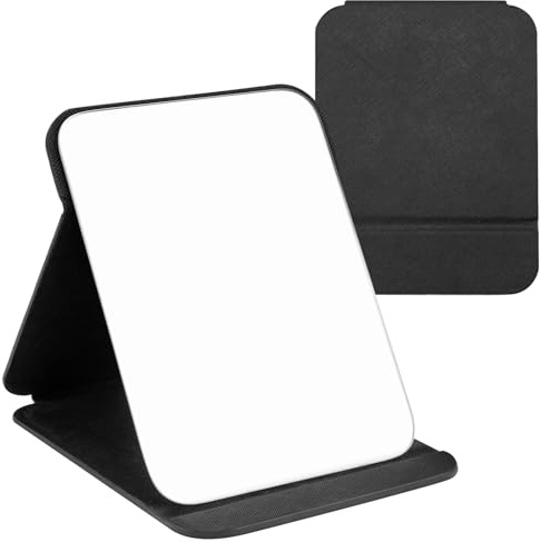 OWLKELA Tragbarer Klappspiegel, 16 x 11 cm, Super HD, kompakter Make-up-Spiegel, schwarzes PU-Leder, Reisespiegel, freistehender Kosmetikspiegel, Tischspiegel
