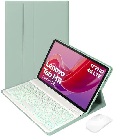 HLTOOP Keyboard Case for Lenovo Tab M11 TB330 2024 11 Inch, 7 Color Backlit Keyboard with Wireless Mouse,Green