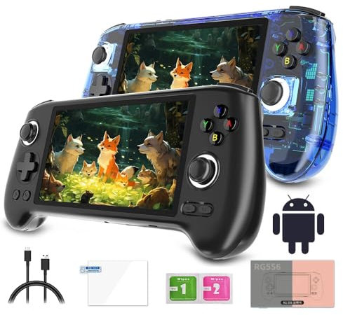 RG556 Retro Handheld Game Console, 5.48-Inch AM OLED Screen Android 13 System Built-in 256G SD Card 8000 Games Video Games Player for dults Kids Boys ((4+128G)+256G) - Blue