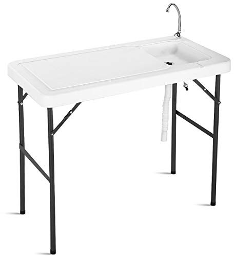 GYMAX Table Pliante de Camping, Table de Nettoyage, Évier Extérieur avec Robinet en Acier Facile à Installer, Tuyau de Drainage, idéal pour Camping, Pêche, Pique-Nique