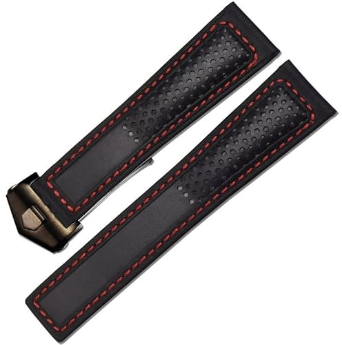 VYSLZ Echtes Lederarmband 22 mm für Tag Heuer F1 Armband, rote Nähte, Armbanduhren, Faltschließe, Lederarmband(Black red black)