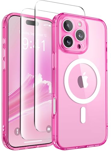 CAPRARO for iPhone 16 Pro Case, Compatible with MagSafe | Upgraded [Full Camera Protection] Protective Translucent Matte Women Girl Magnetic Phone Case Cover, Clear Neon