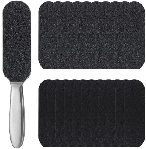 JCKD 1 pcs Stainless Steel Foot File, Foot Scraper with 20 Pieces of Replacement Sandpaper (coarse/fine), Hard Skin Foot File and calluses Removal, Foot Care, Used for Pedicures, Salons