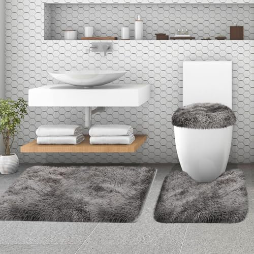 McEu Bathroom Mats Sets 3 Piece, Non Slip Washable Faux Fur Bath Mats and U Shaped Toilet Mat Set with Toilet Lid Cover, Soft Microfiber Long Pile Water Absorbent Bath Rugs for Bathroom Grey