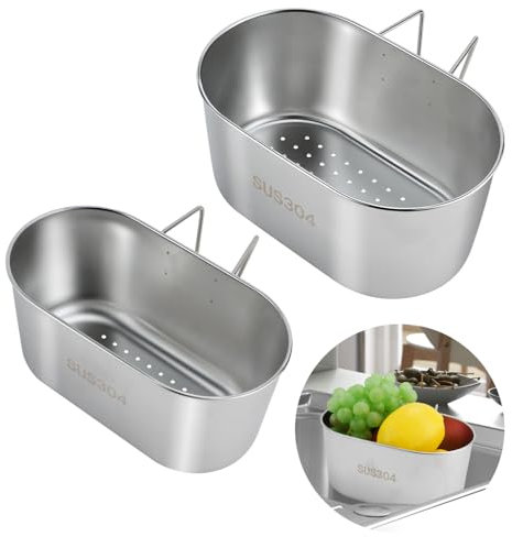 2PCS Stainless Steel Draining Basket, Hanging Basket for Washing Vegetables and Fruits, Kitchen Sink Strainer, Food Storage Shelf Basin, Residues Strainer Drain Catcher Basket for Home Restaurant