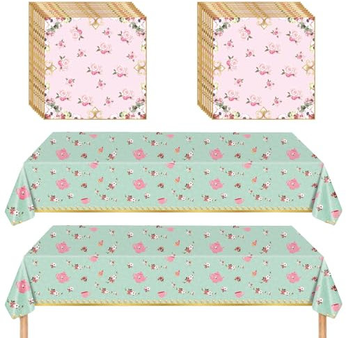 Afternoon Tea Decorations Floral Tablecloth and Napkins Set, 2 PCS Disposable Tablecloth 137x274cm with 20 PCS Napkins for Garden Party, Weddings, Birthdays, Baby Shower Party Supplies