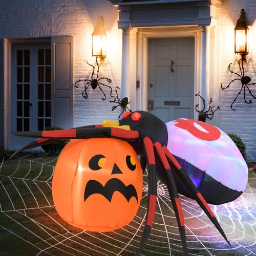 SOARS Halloween-Dekoration, Spinne Halloween mit aufblasbarem Kürbis, drehbares Disco-Licht & integrierte LED, Gebläse inklusive, Halloween-Deko für Außen & Innen für Garten, Hof