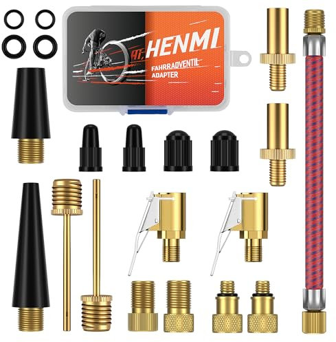 HENMI Fahrradventil Adapter Set, Alle Ventiladapter Fahrrad, Autoventil Adapter, Französisches ventil, Ballnadel, Kegelventil und Luftpumpe Adapter mit Sortierbox