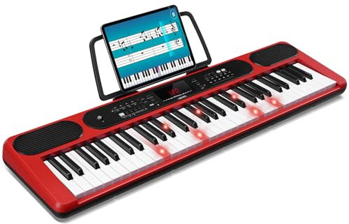 LEKATO - Piano con teclado de 61 teclas, teclado electrónico para principiantes con teclas iluminadas y pantalla LED, dos altavoces integrados, modos de aprendizaje, atril y rojo