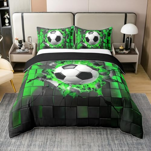 Fußball 100% Baumwolle Bettwäsche,Fußball Liebhaber Sportspiel Bettbezug 135x200 für Kinder Erwachsene,Grün 3D Check Plaid Bettwäsche Set,Neon Geometrie Tröster Abdeckung 1 Kissenbezug Atmungsaktiv