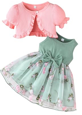 LUVCES Vestito Bambina tutù e Cardigan 2 Pezzi Set Floreale Senza Maniche con Papillon Tulle Abito Vestiti + Cardigan Abbigliamento Estivo Autunno per Festa di Compleanno