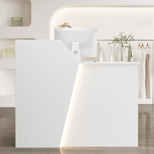 HOLGVE Empfangstheke, L-förmiger Empfangstresen, Rezeptionstresen mit Abschließbaren Schubladen, Kassentisch Aus Holz for Die Lobby, for Salon, Büro, Restaurant, Kleines Geschäft(White-Left,39.3inchx1