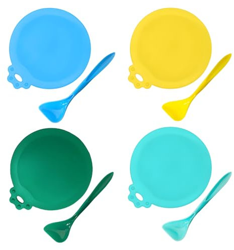 Silikon Dosendeckel für Katzenfutter – 4er Set mit Löffel, Deckel für Dosen in 4 Farben (Blau, Gelb, Grün, Cyan), 3 Größen für 65mm, 75mm, 85mm Dosen, Universeller Deckel für Katzen- und Hundefutter