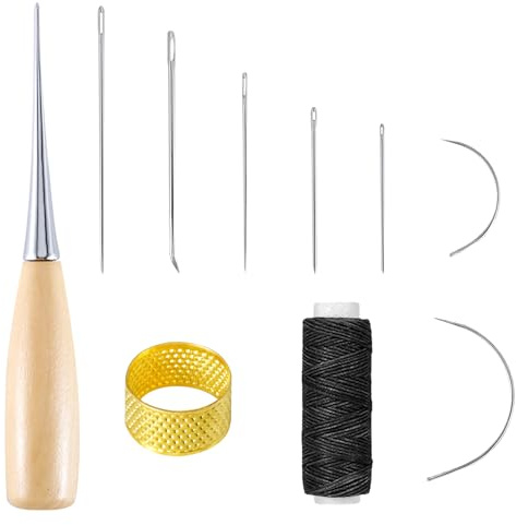 Leder Nähnadeln 12 Stück, Ledernadeln Hand Leder Werkzeug Nähnadeln, Gewachstes Nähgarn Nähset, Gebogene Polsternadeln mit Bohr Ahle, Gewachstem Faden, Nähnadeln Fingerhut für Leder Teppich Reparieren