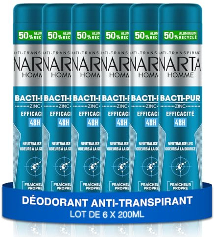 NARTA - Bacti-Pur Deodorant für Herren, Anti-Transpirant, Zinkspray, 48 Stunden, ohne Alkohol, 6 x 200 ml