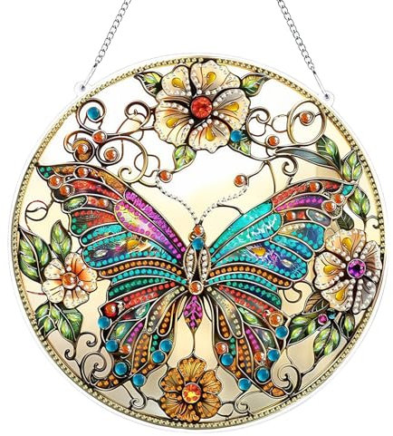 Diamond Painting Anhänger, Diamond Painting Türkranz, Diamond Paint-ing Schmetterling Blumen, 5D Diamond Paint-ing Fensterbilder mit Kette für Eingang Decor (Orange)