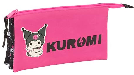 safta KUROMI - Astuccio triplo, astuccio per bambini, ideale per bambini in età scolastica, comodo e versatile, qualità e resistenza, 22 x 3 x 12 cm, nero/fucsia, M, Casual