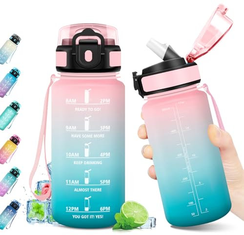 Trinkflasche Sport 500ml, Trinkflasche mit Zeitmarkierung, Wasserflasche mit Strohhalm, Auslaufsicher, Wasserflasche Kohlensäure Geeignet, BPA-frei, Wasserflasche für Fitness, Gym, Fahrrad, Yoga
