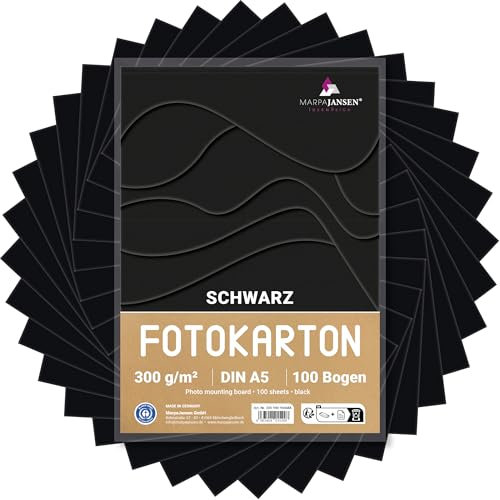 MarpaJansen Fotokarton in Schwarz, matt, DIN A5, 100 Bogen, 300 g/m² stabiler Bastelkarton für kreative & künstlerische Zwecke, Blauer Engel zertifiziert