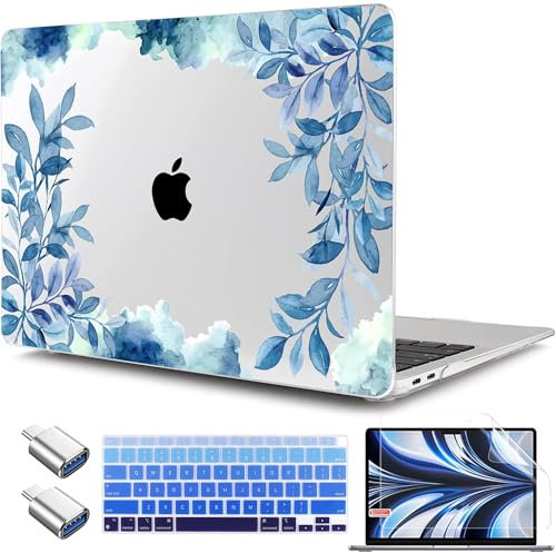 TWOLSKOO Schutzhülle für MacBook Air 13,3 Zoll 2021 2020 2019 2018 Release M1 A2337 A2179 A1932 mit Touch-ID, Kunststoff-Hartschale und Tastaturabdeckung und Typ-C-Adapter, blaues Blumenmuster