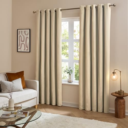 furn. The Ultimate Velvet Eyelet Curtains (Beige-117x183cm) | Soft Stylish Light Filtering Matte Velvet Curtain Pair