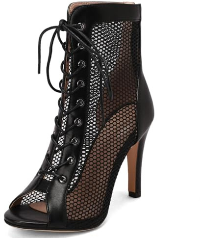 WOkismD Bottines d'été en Mesh Peep Toe 7CM pour Femmes, Sandales Gladiateur,Noir,37 EU