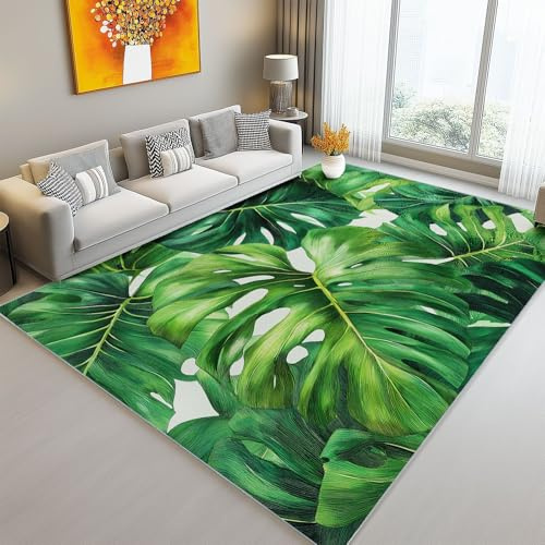 Teppich Wohnzimmer Waschbarer Monstera-Blätter, tropisch, natürlich Kurzflor rutschfest Grün Weiche Teppich Esszimmer und Außenbereich, In- und Outdoor 90 x 150 cm