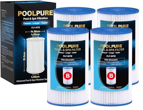POOLPURE 4 Pezzi Cartuccia Filtro Tipo B/IV per Piscina Compatibile con 29005/59905 Cartuccia Tipo B, Cartuccia Filtro Piscina Easy Set, Cartuccia di Ricambio per Pompa FILTRANTE Piscina | TESSUTO TRILOBAL ALTA EFFICIENZA,TESSUTO TRILOBAL FILTRANTE