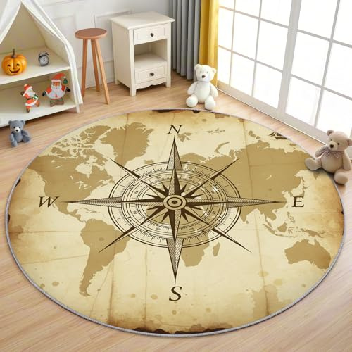 AevuCub Retro Kompass Teppich Rund 160 Kurzflor - Waschbare Teppiche Wohnzimmer Ozean Maritim Weltkarte - Runder Teppich 160 Durchmesser Kinderzimmer - Bettvorleger rutschfest Weich